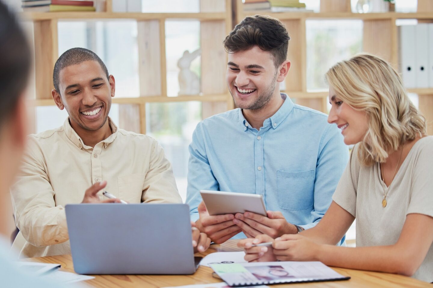 Search, analytics or business people on laptop for internet research, social media content or netwo